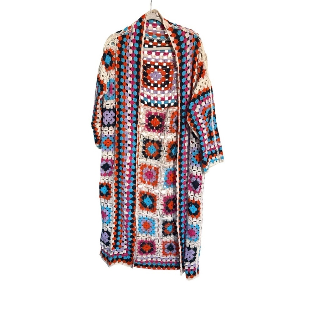 New POL Beige Multicolor Granny Squares Long Crochet Knit Cardigan - Picture 5 of 10